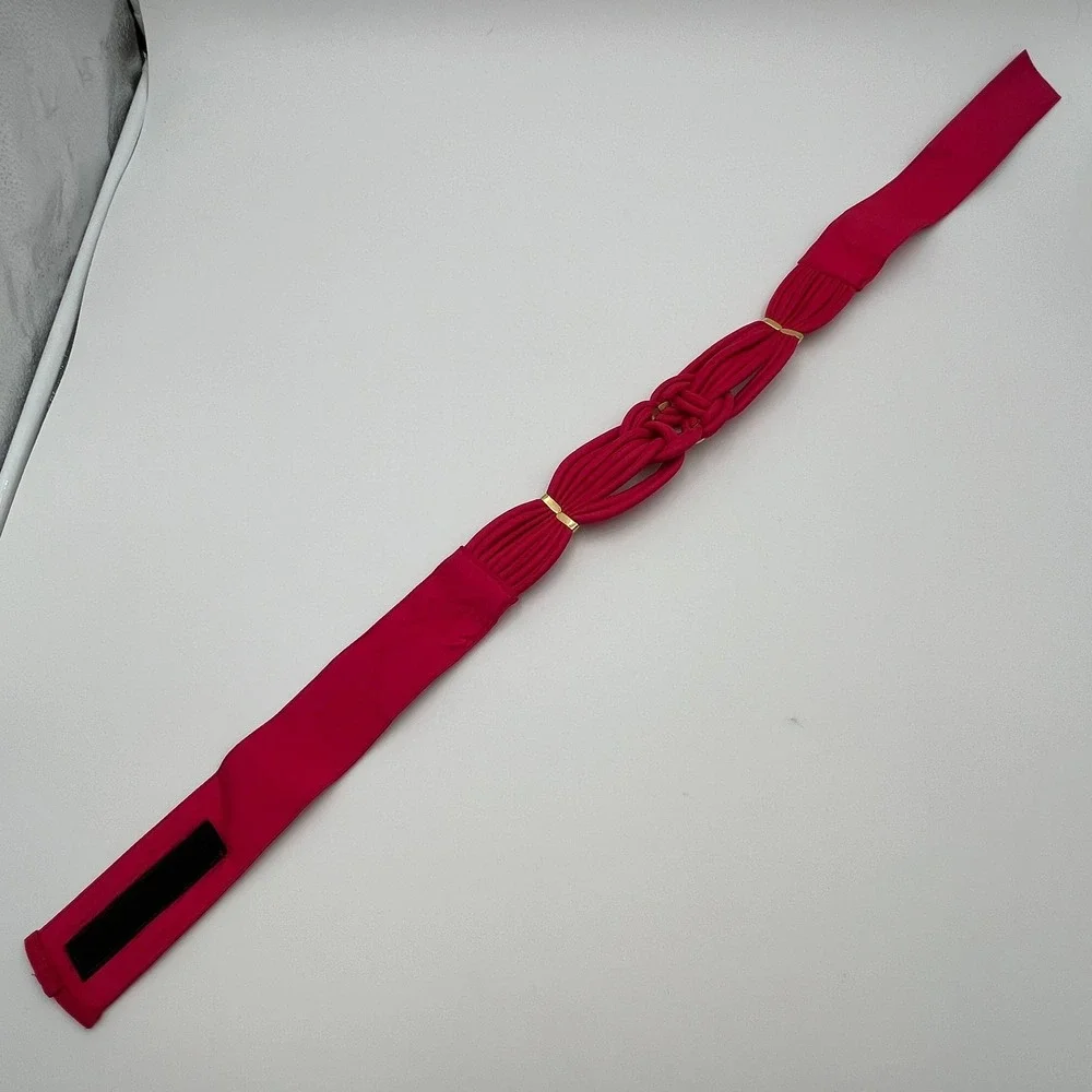 VTG 80s Hot Pink Knotted Braided Fabric Statement Belt Gold Hook Loop Retro S/M